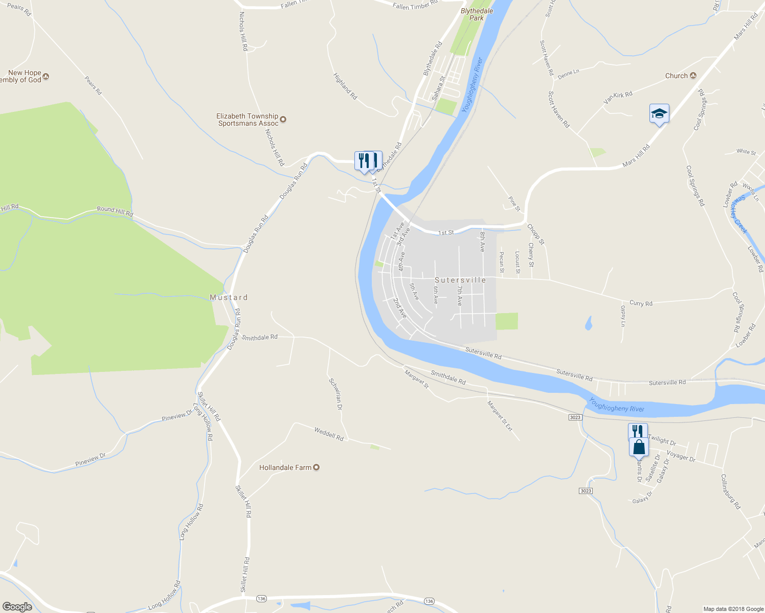 map of restaurants, bars, coffee shops, grocery stores, and more near 516 1st Avenue in Sutersville