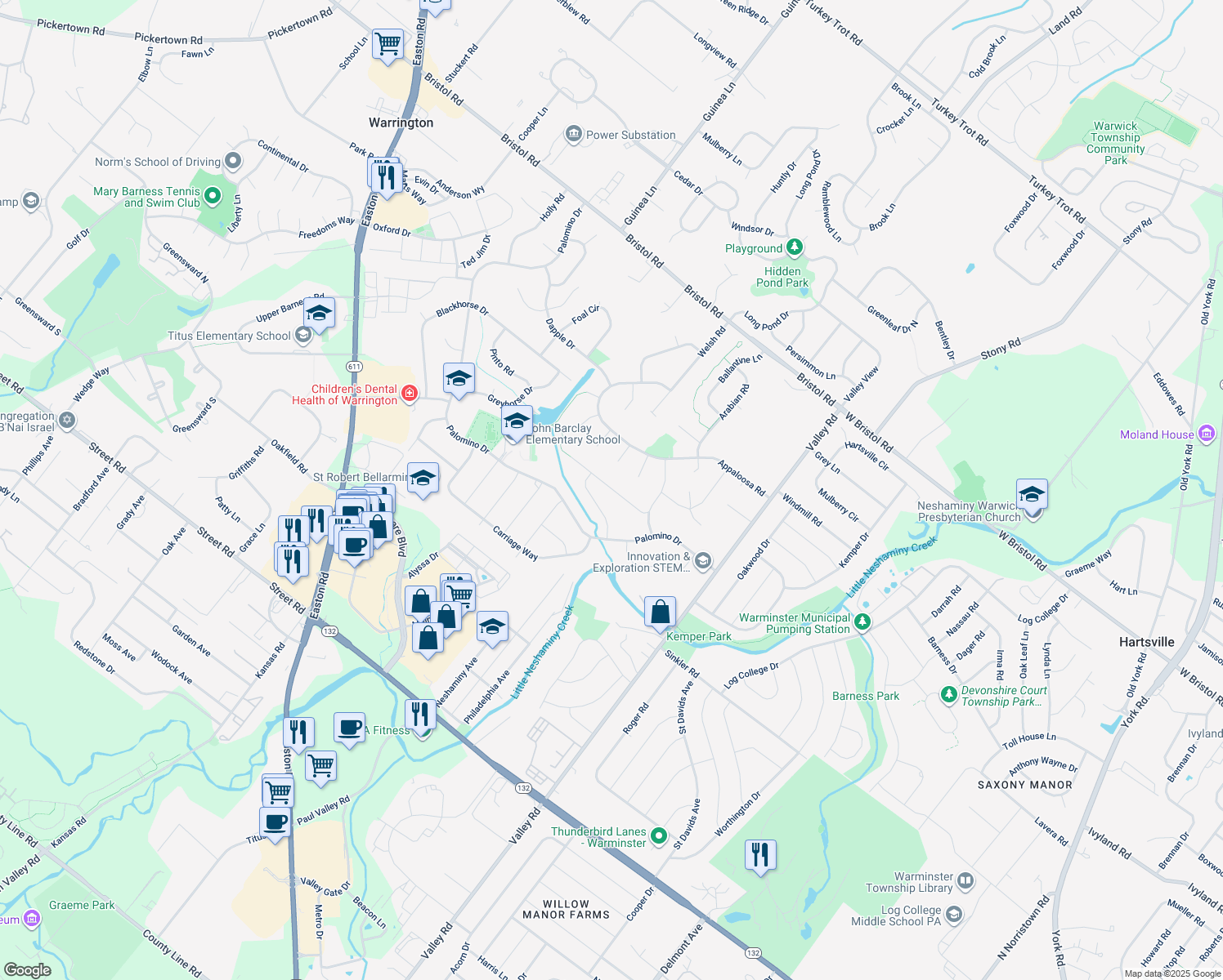 map of restaurants, bars, coffee shops, grocery stores, and more near 1824 Mare Road in Warrington
