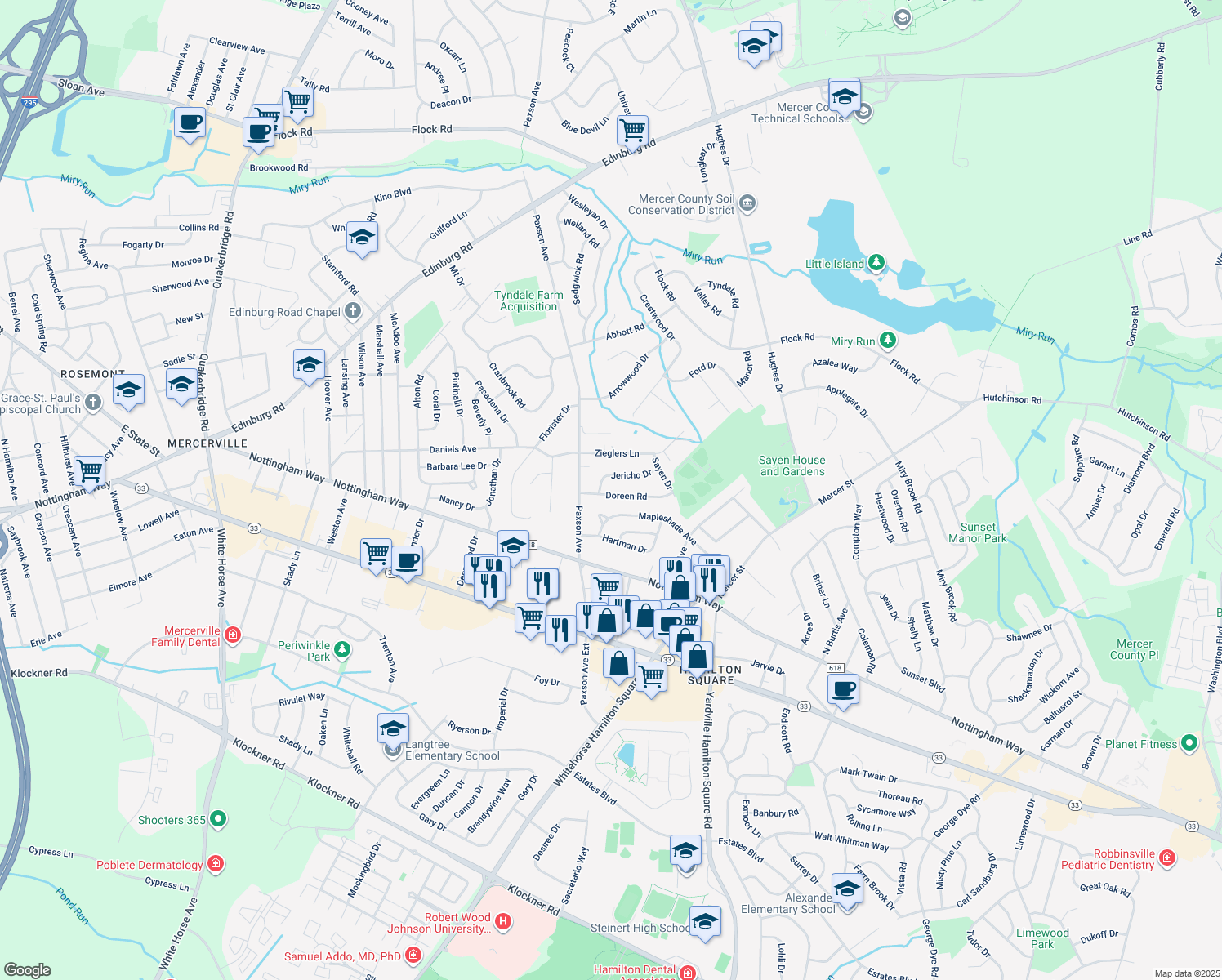 map of restaurants, bars, coffee shops, grocery stores, and more near 12 Doreen Rd in Hamilton Township