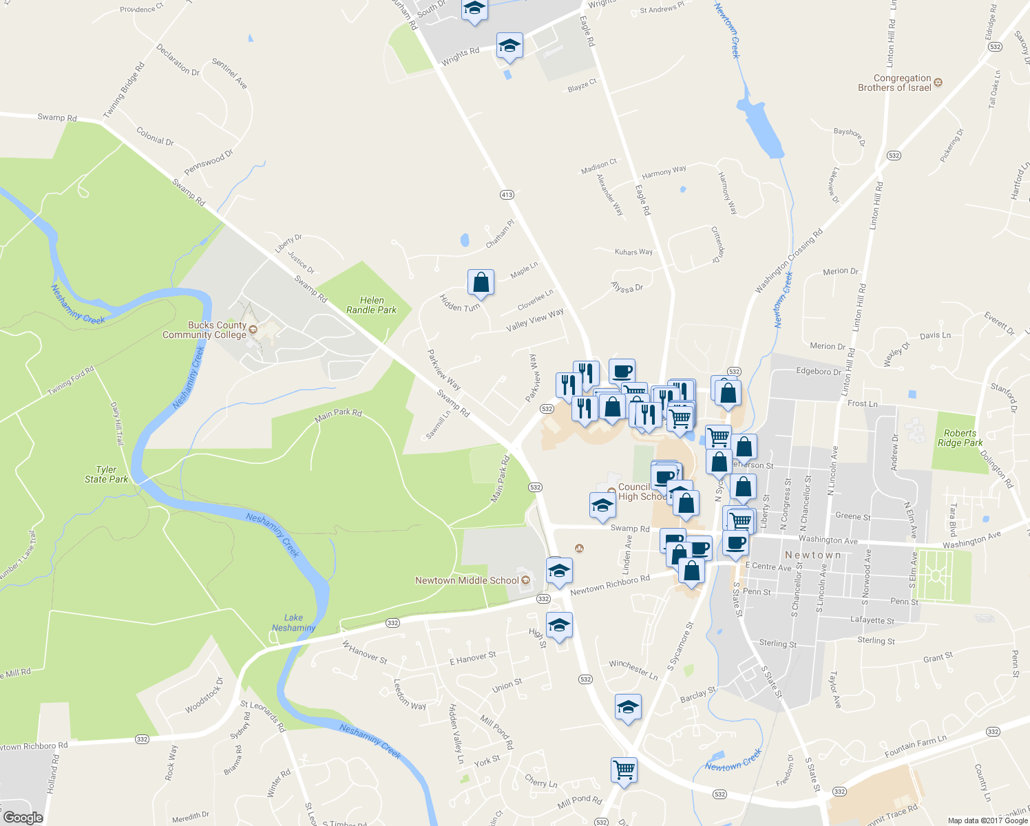 map of restaurants, bars, coffee shops, grocery stores, and more near 1 East Park Road in Newtown