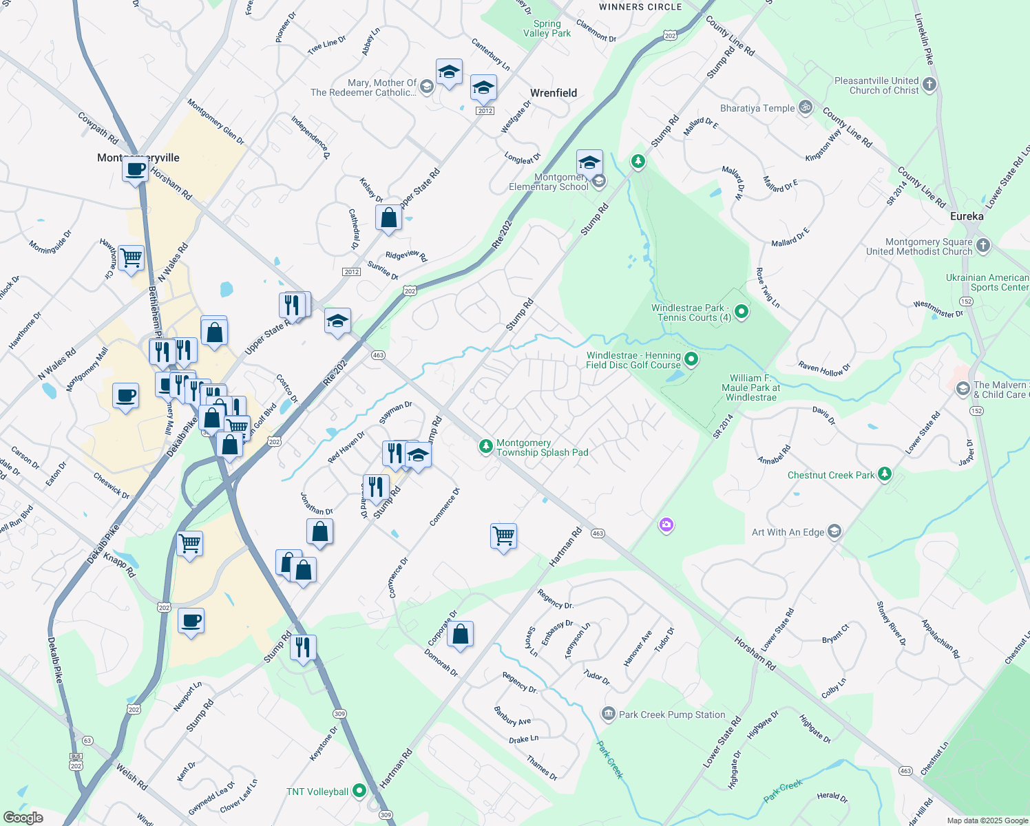 map of restaurants, bars, coffee shops, grocery stores, and more near 183 Winding Brook Run in North Wales