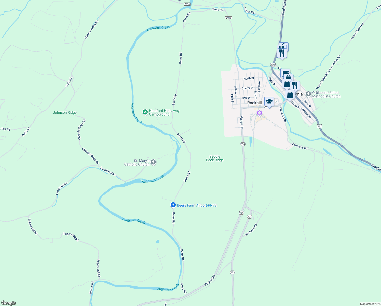 map of restaurants, bars, coffee shops, grocery stores, and more near Beers Road in Mount Union