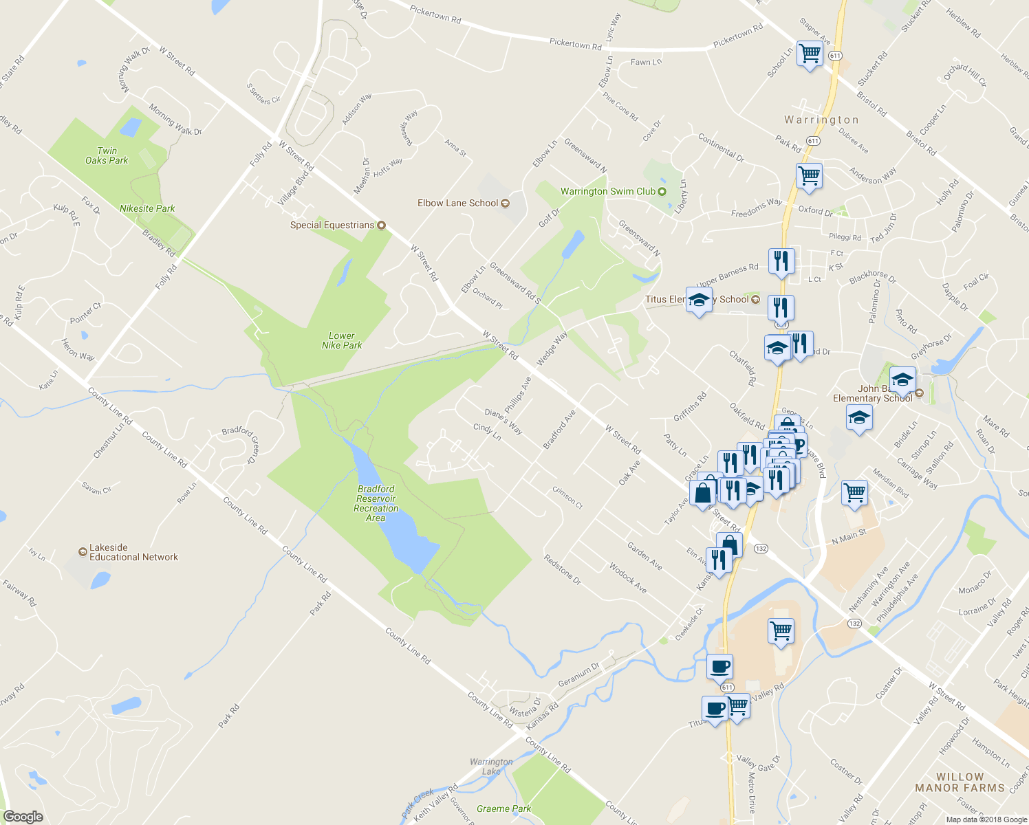 map of restaurants, bars, coffee shops, grocery stores, and more near 505 Deborah Court in Warrington