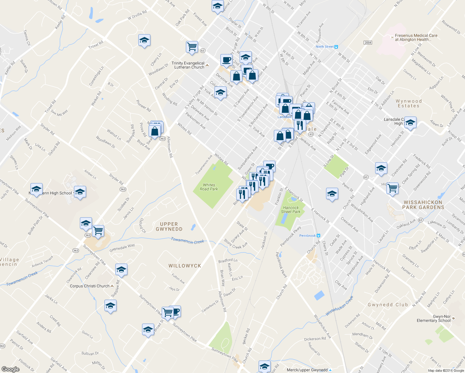 map of restaurants, bars, coffee shops, grocery stores, and more near 622 Green Street in Lansdale