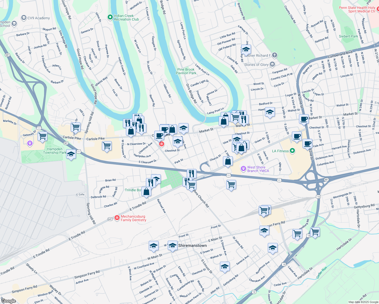 map of restaurants, bars, coffee shops, grocery stores, and more near 105 Maple Avenue in Camp Hill