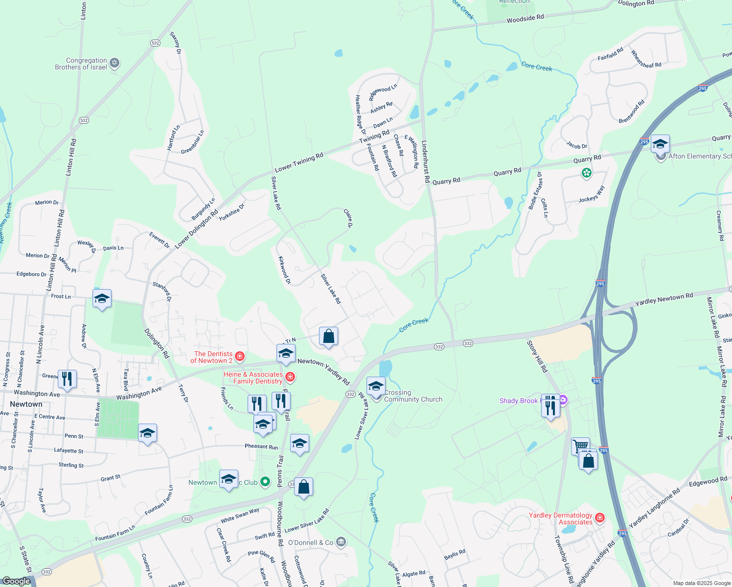 map of restaurants, bars, coffee shops, grocery stores, and more near 116 Thornhill Lane in Newtown