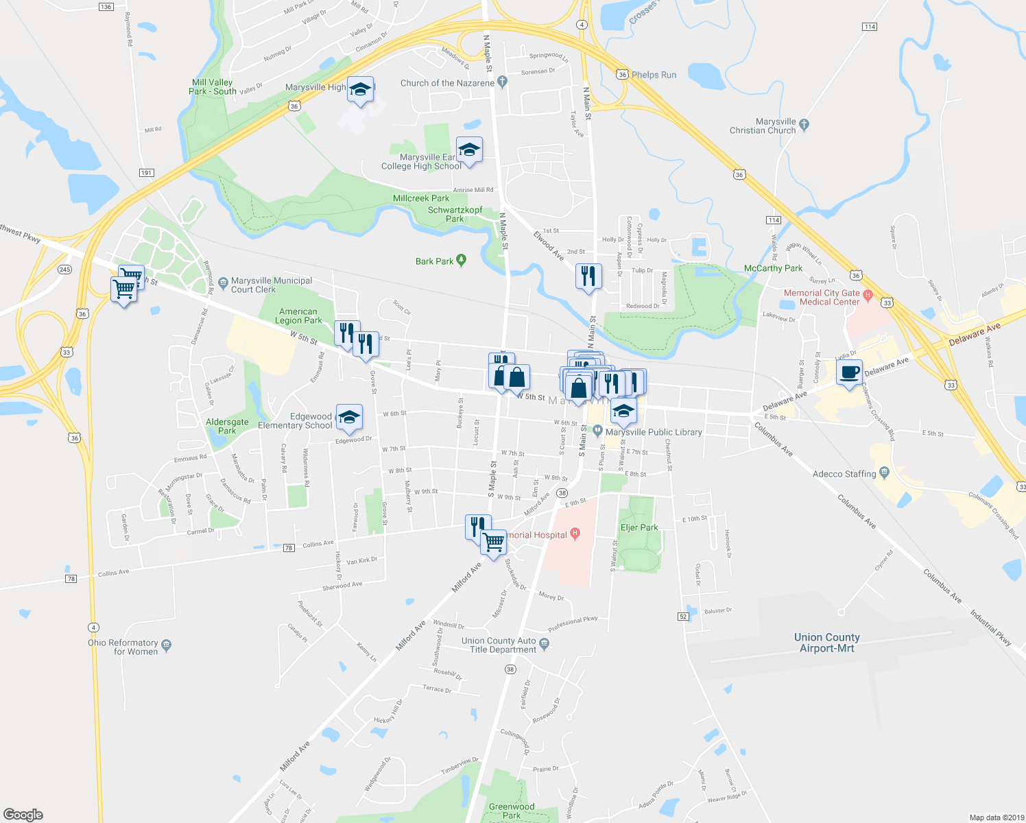 map of restaurants, bars, coffee shops, grocery stores, and more near 310 West 6th Street in Marysville