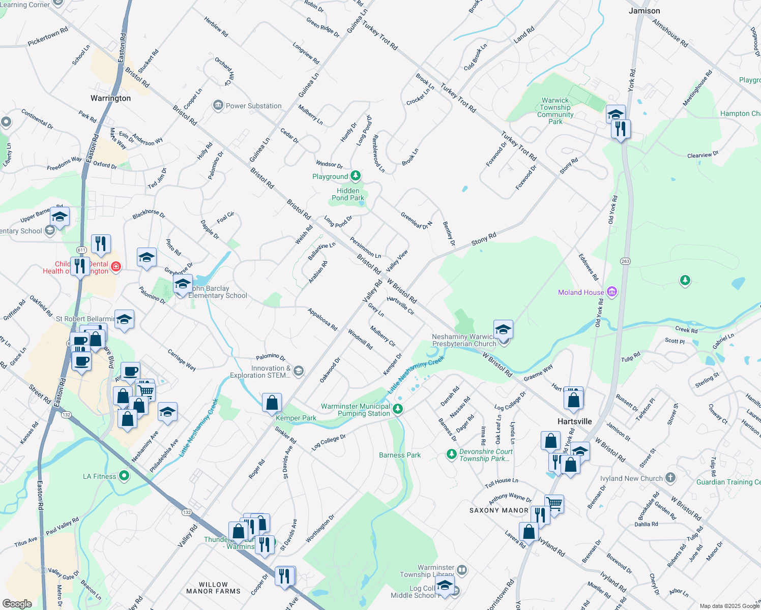 map of restaurants, bars, coffee shops, grocery stores, and more near 1561 Hartsville Circle in Warminster