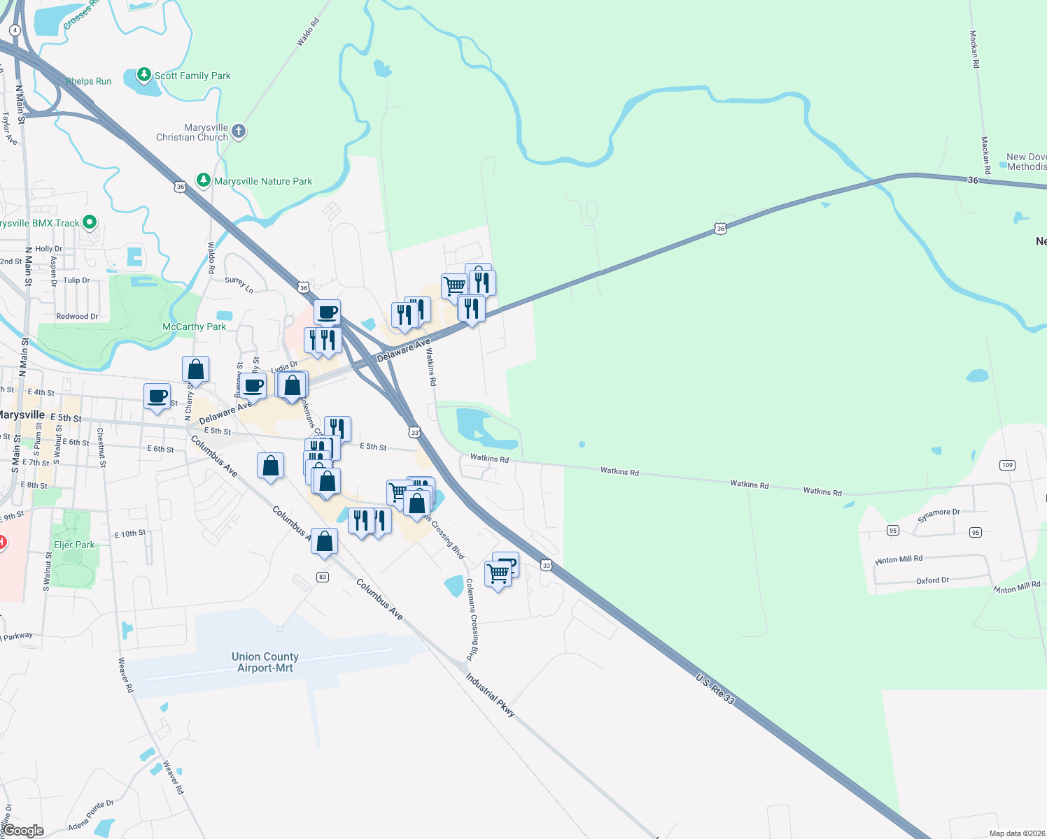 map of restaurants, bars, coffee shops, grocery stores, and more near 15760 Watkins Road in Marysville