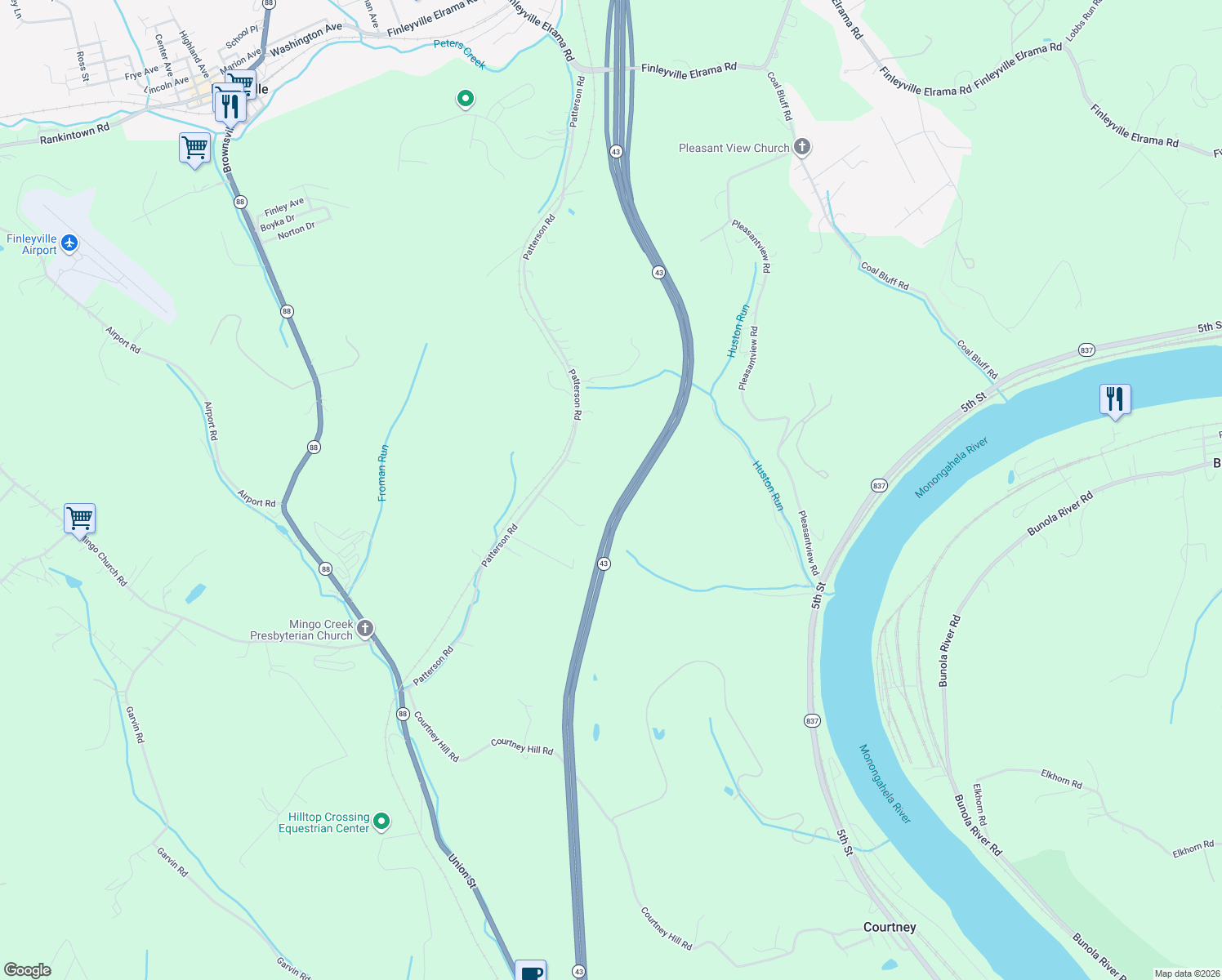 map of restaurants, bars, coffee shops, grocery stores, and more near Mon-Fayette Expressway in Finleyville