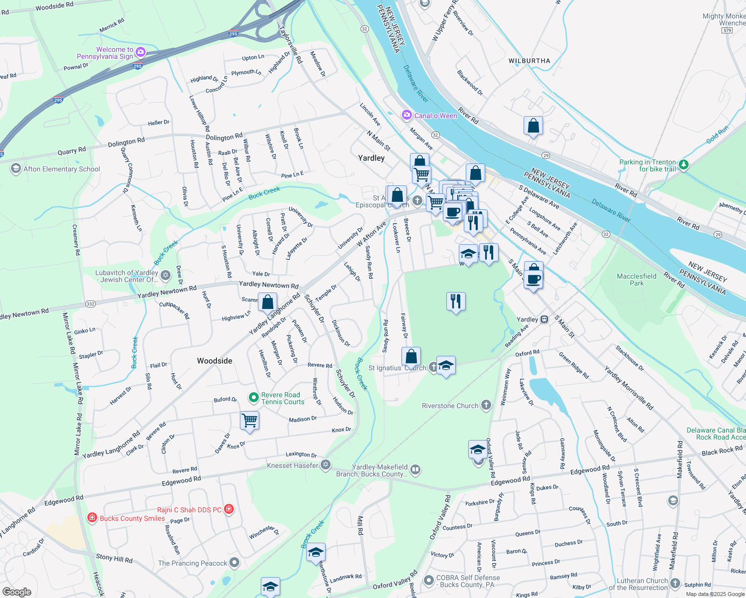 map of restaurants, bars, coffee shops, grocery stores, and more near Sandy Run Road in Yardley
