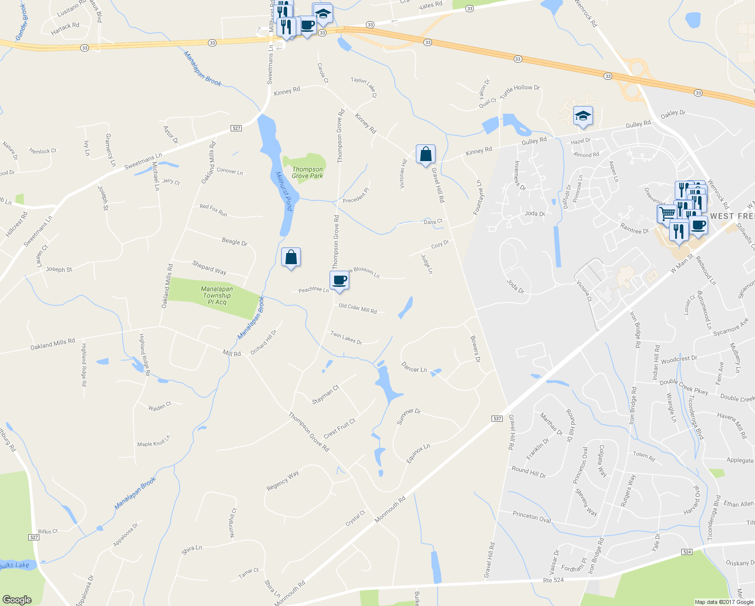 map of restaurants, bars, coffee shops, grocery stores, and more near 10 Old Cider Mill Road in Manalapan Township