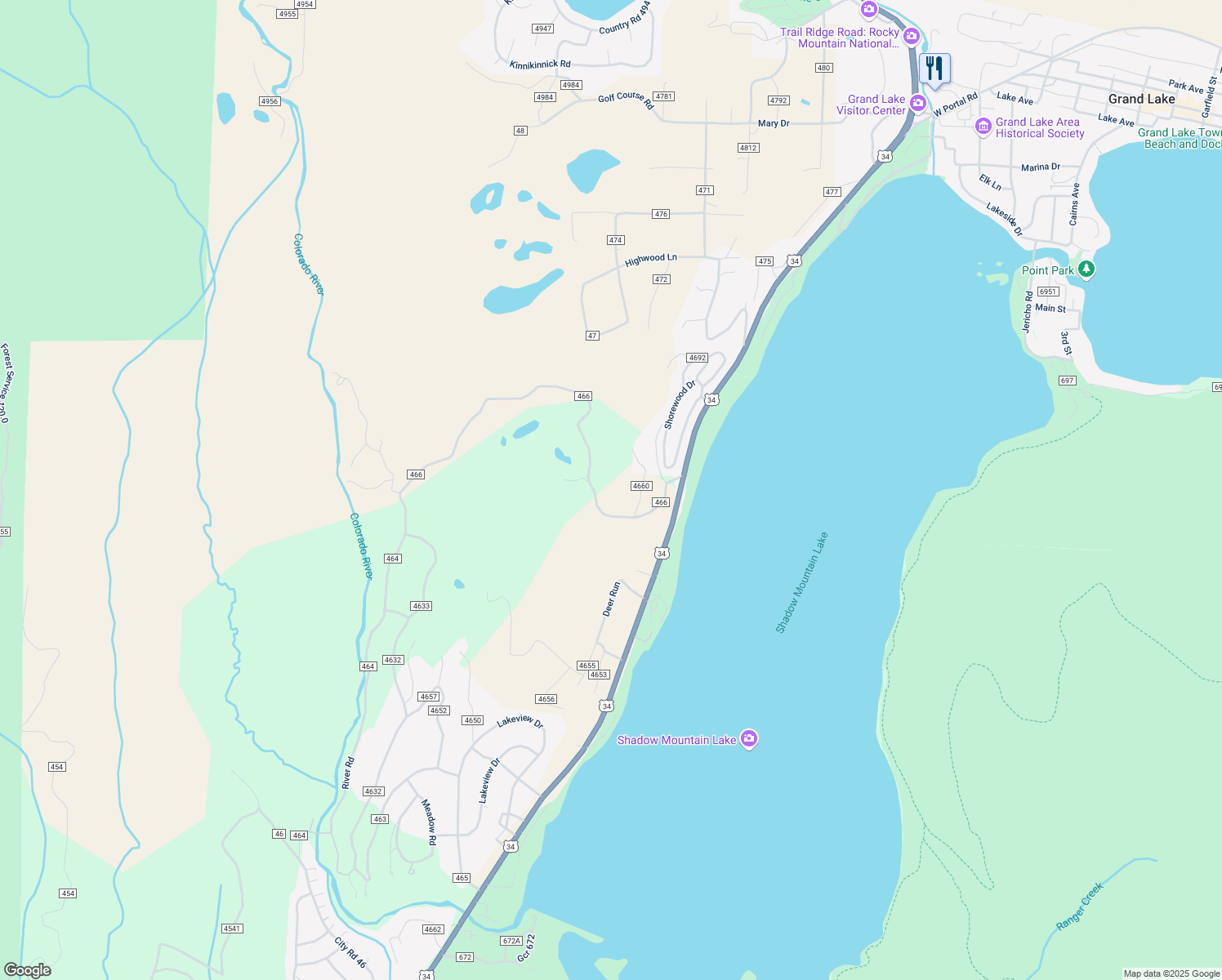 map of restaurants, bars, coffee shops, grocery stores, and more near 55 County Rd in Grand Lake
