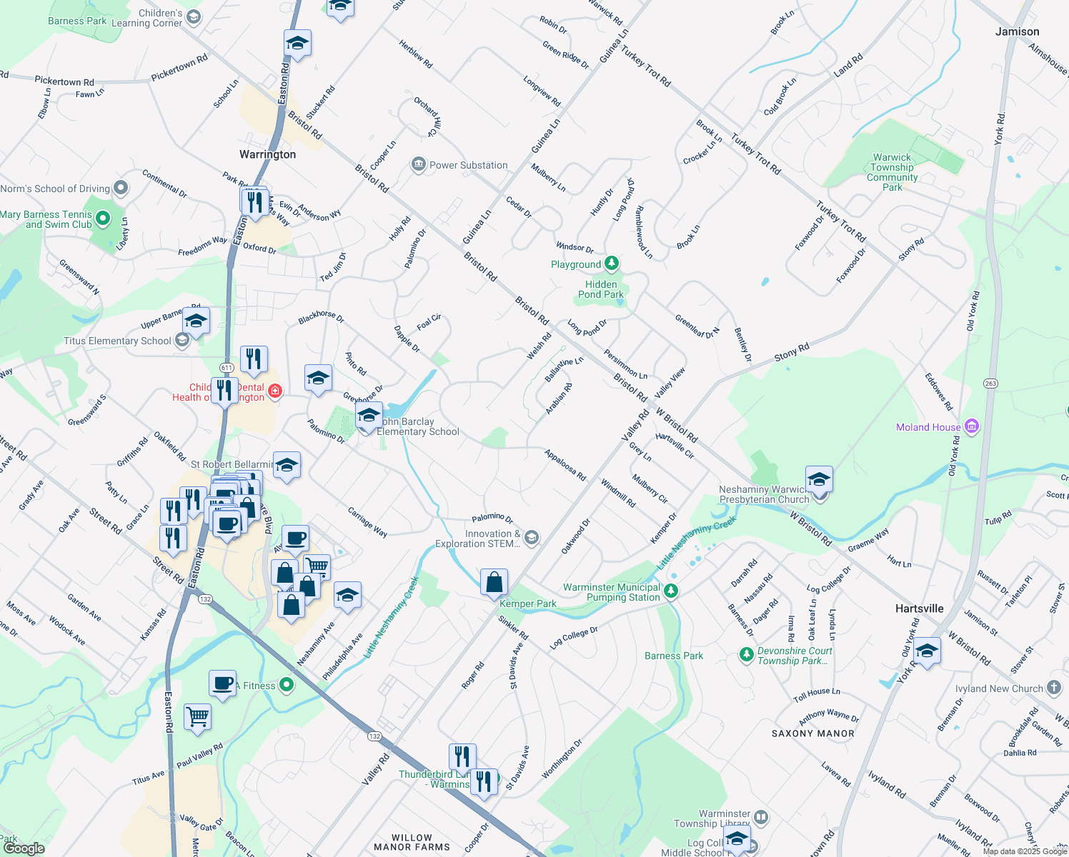 map of restaurants, bars, coffee shops, grocery stores, and more near 1131 Arabian Road in Warrington