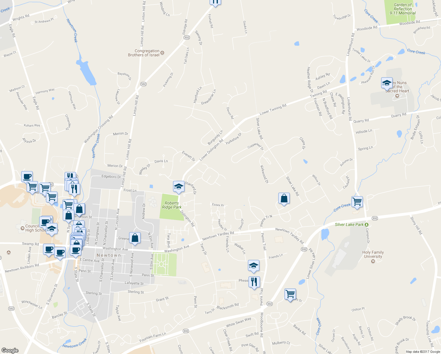 map of restaurants, bars, coffee shops, grocery stores, and more near 2 Carmel Place in Newtown