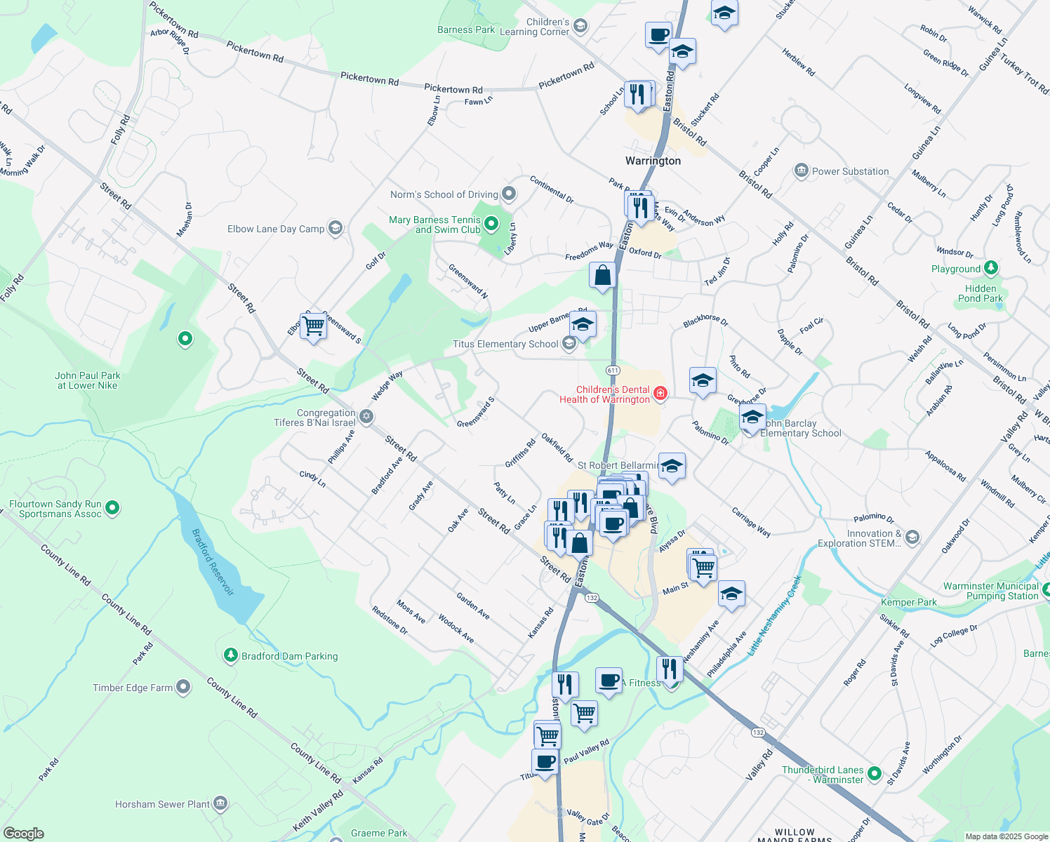 map of restaurants, bars, coffee shops, grocery stores, and more near 2324 Oakfield Road in Warrington