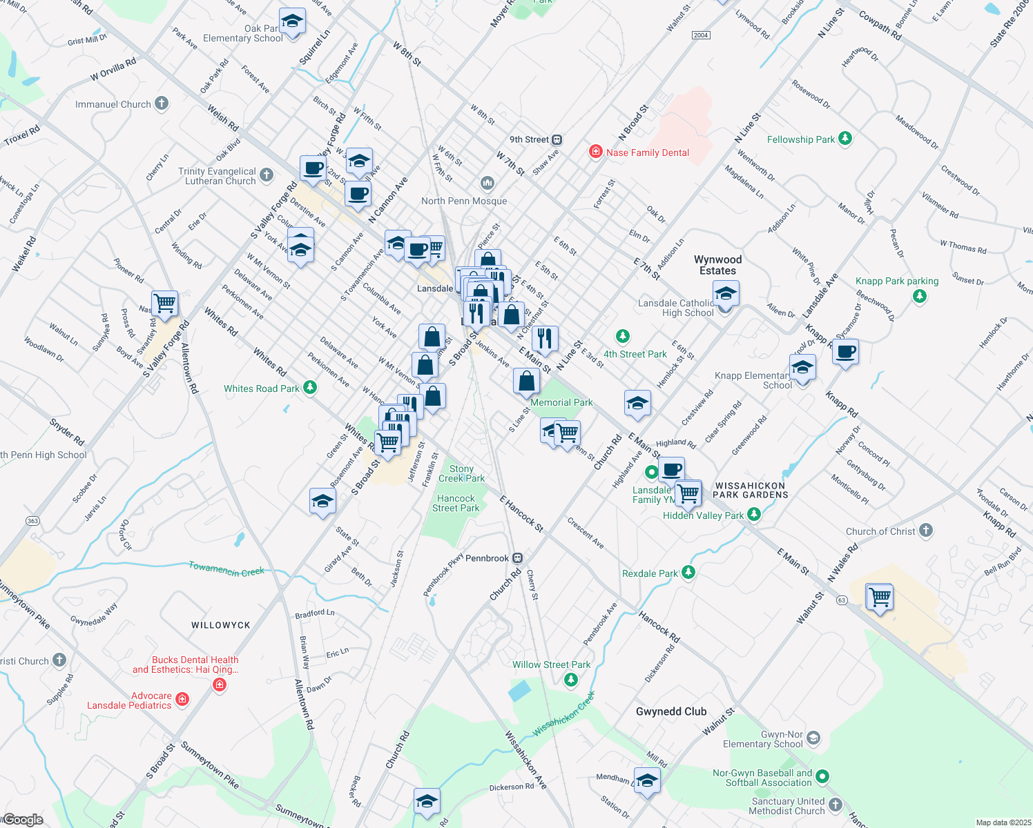 map of restaurants, bars, coffee shops, grocery stores, and more near 200 South Line Street in Lansdale