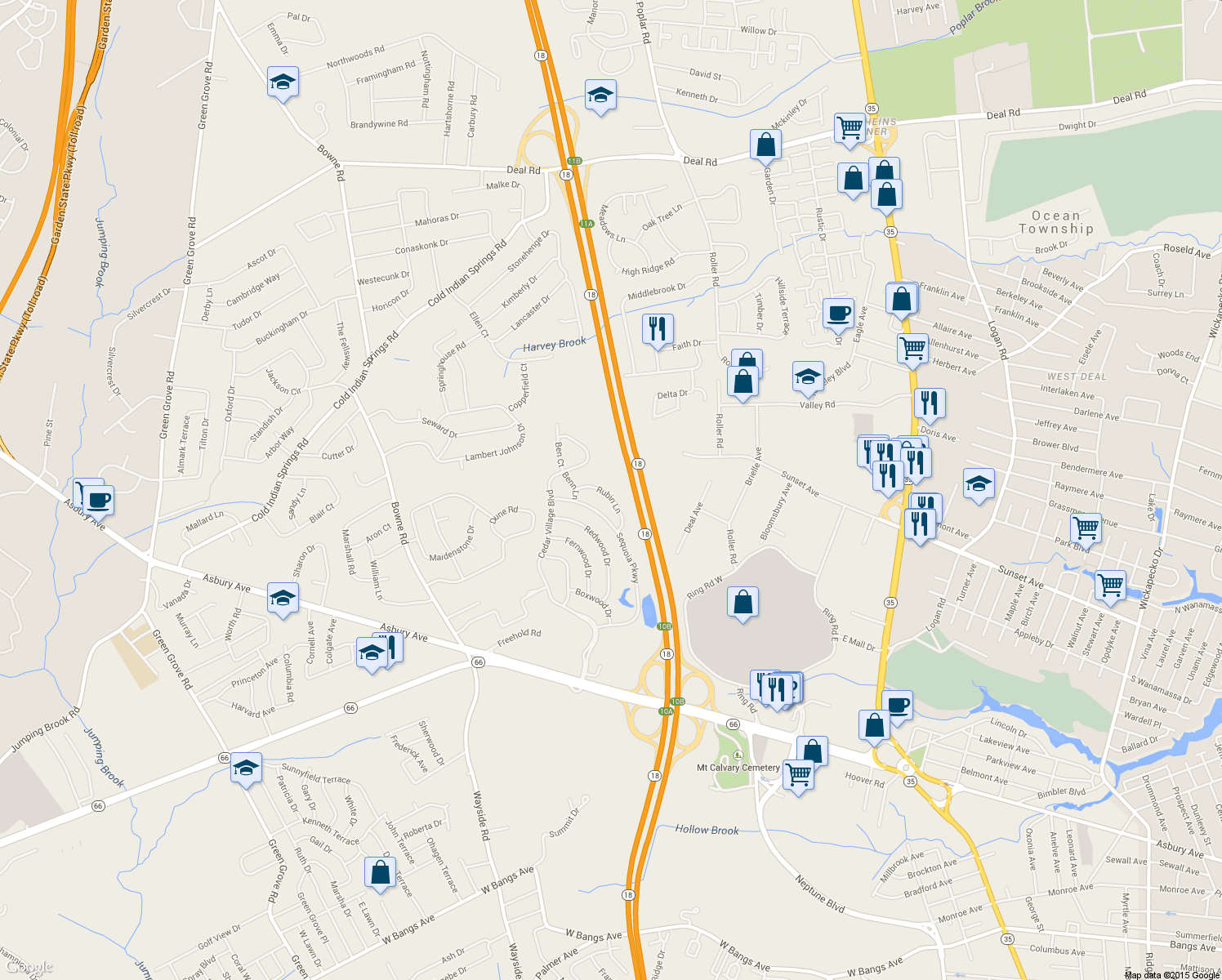 map of restaurants, bars, coffee shops, grocery stores, and more near 22 Rubin Lane in Ocean Township