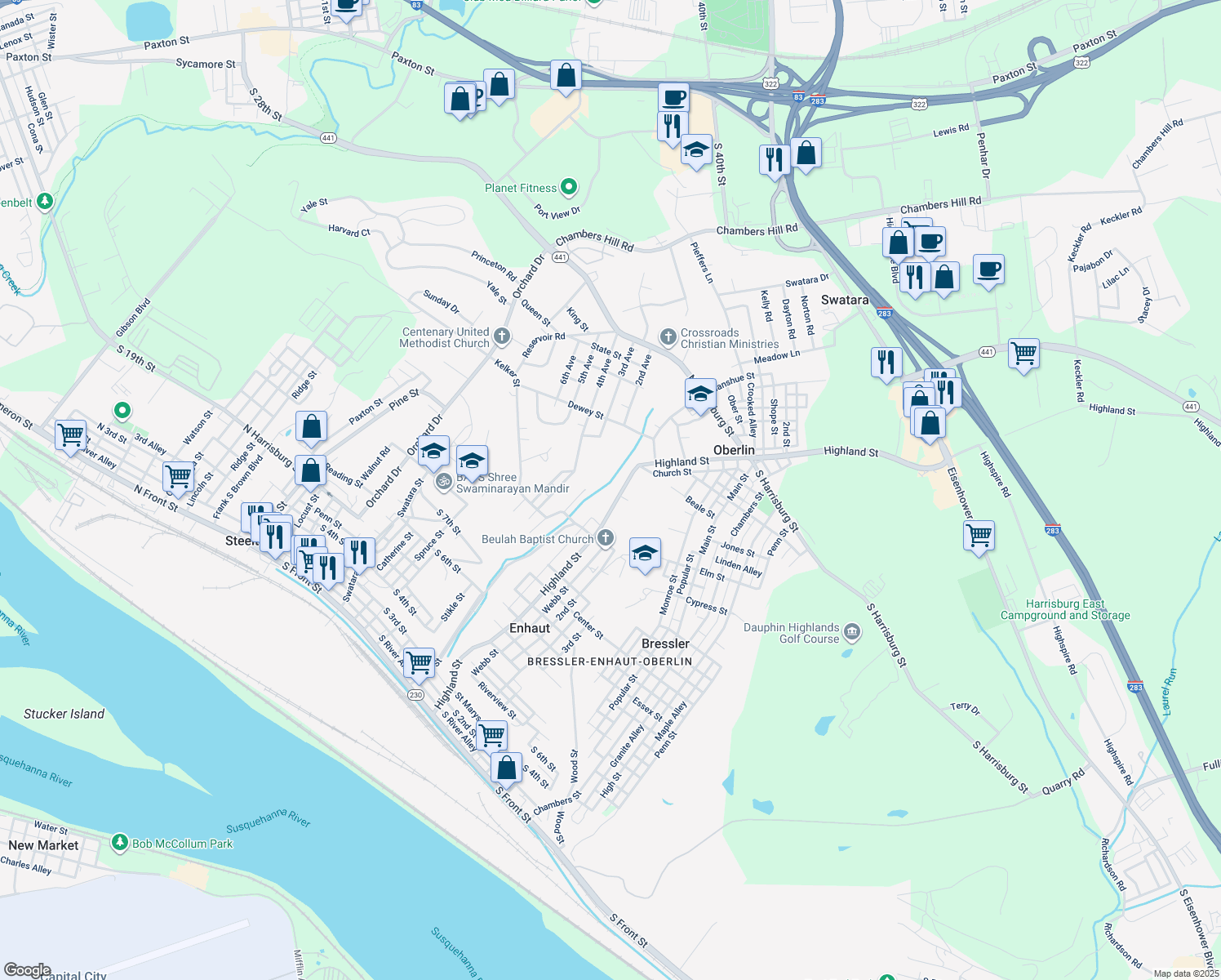 map of restaurants, bars, coffee shops, grocery stores, and more near 859 Highland St in Steelton