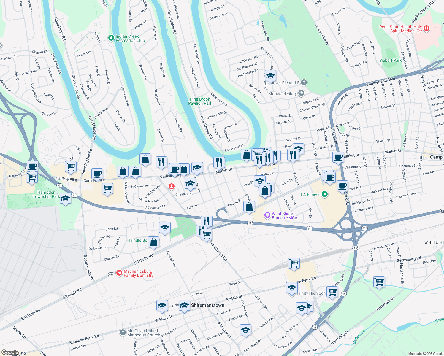 map of restaurants, bars, coffee shops, grocery stores, and more near 10 Oak Ave in Camp Hill