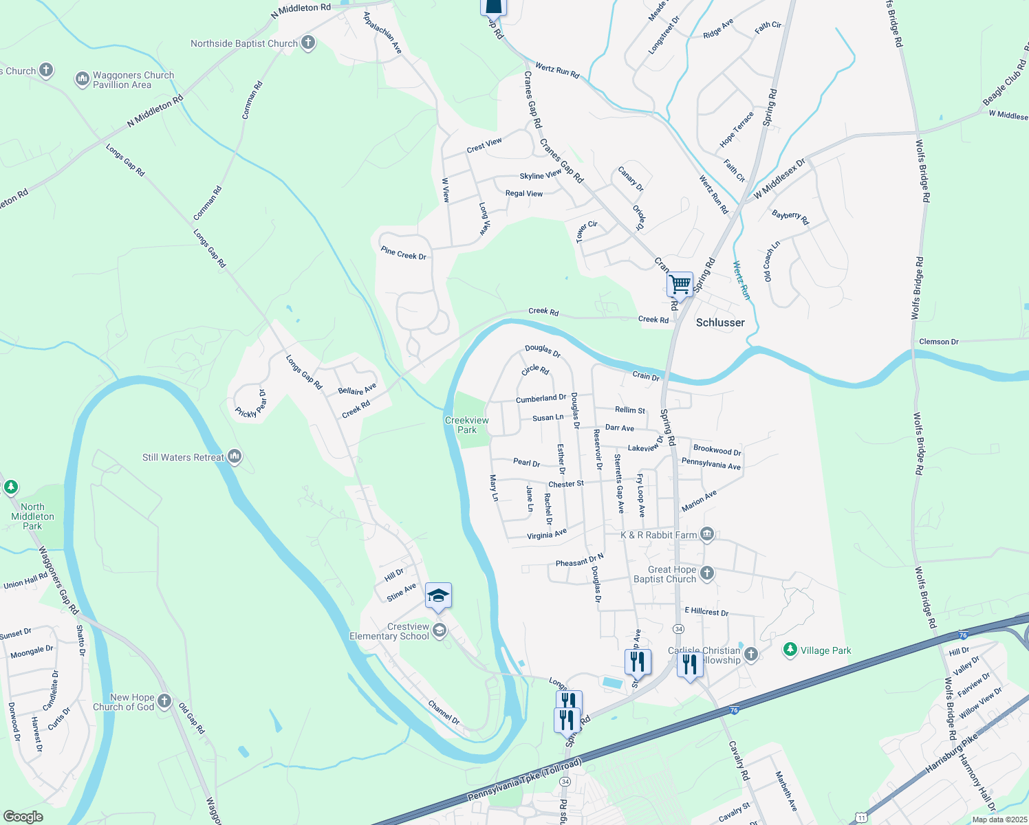 map of restaurants, bars, coffee shops, grocery stores, and more near 3 Mountainview Dr in Carlisle