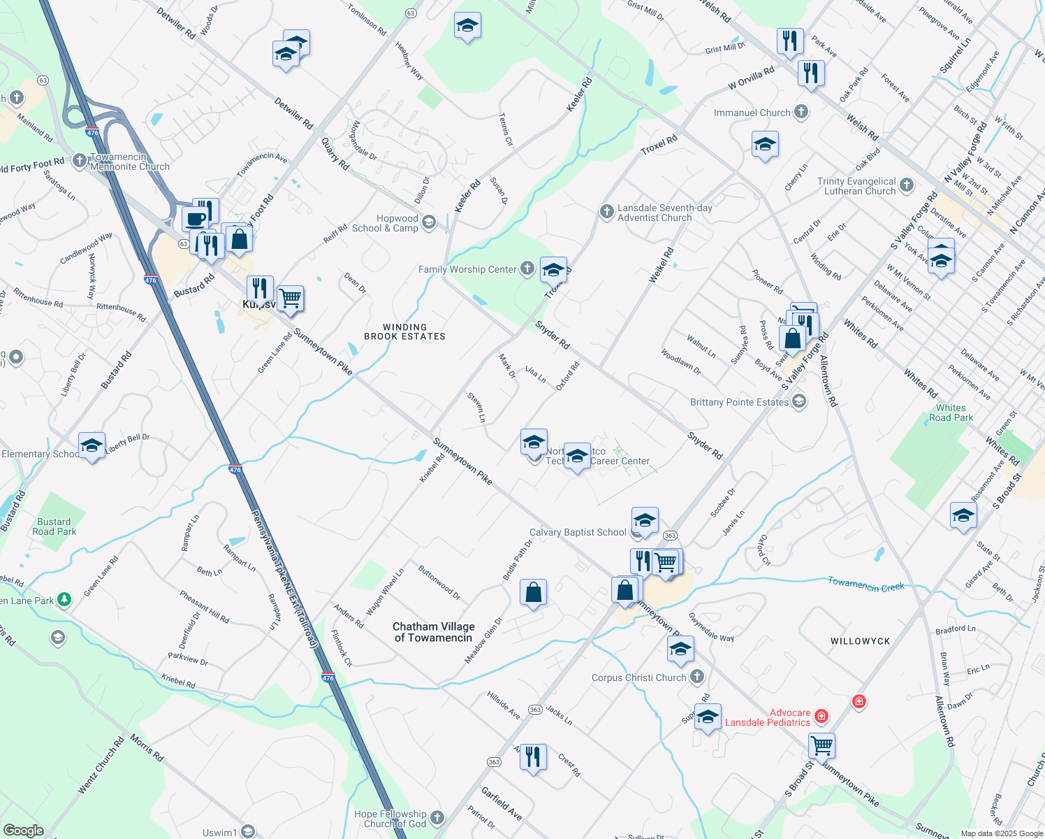 map of restaurants, bars, coffee shops, grocery stores, and more near 118 Oxford Rd in Lansdale
