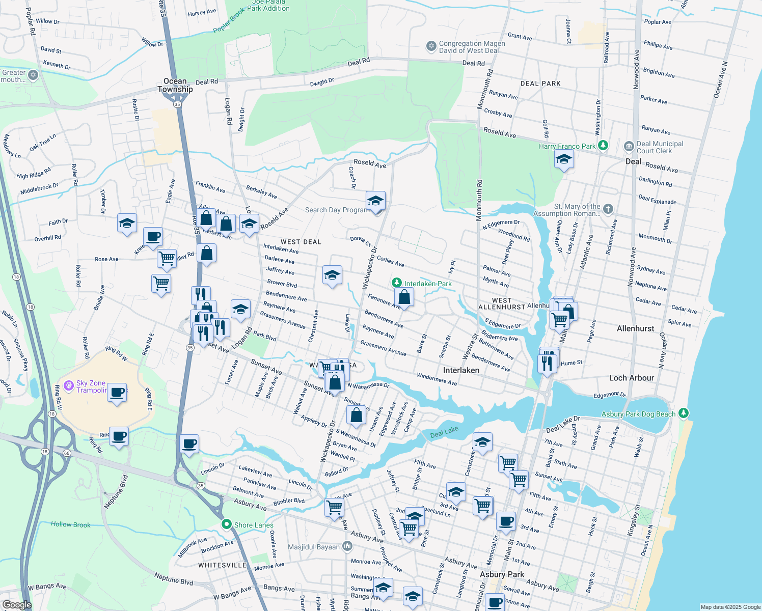map of restaurants, bars, coffee shops, grocery stores, and more near 718 Fernmere Ave in Interlaken