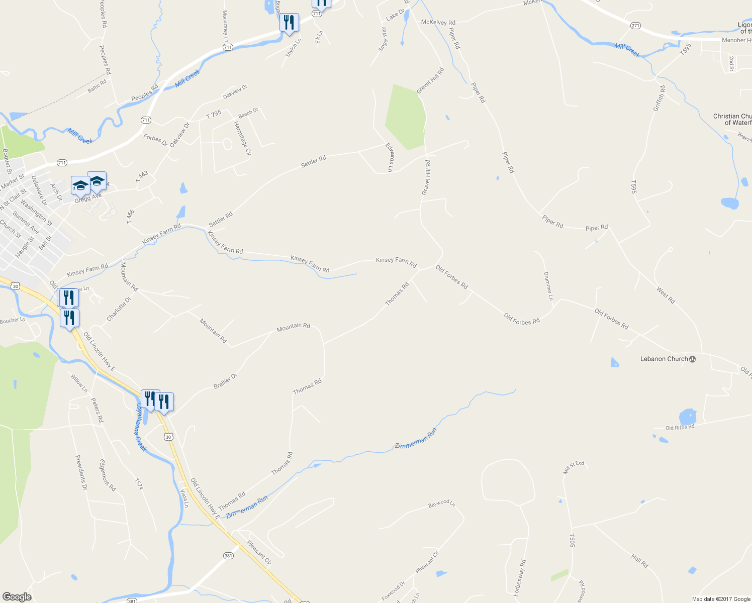 map of restaurants, bars, coffee shops, grocery stores, and more near 373 Thomas Rd in Ligonier