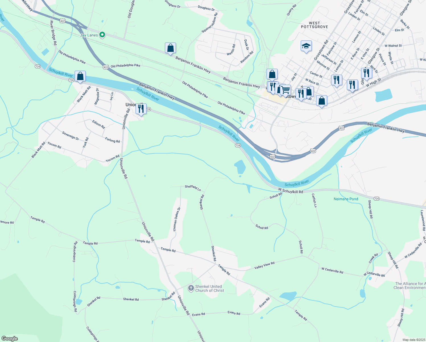 map of restaurants, bars, coffee shops, grocery stores, and more near 861 Shenkel Rd in Pottstown
