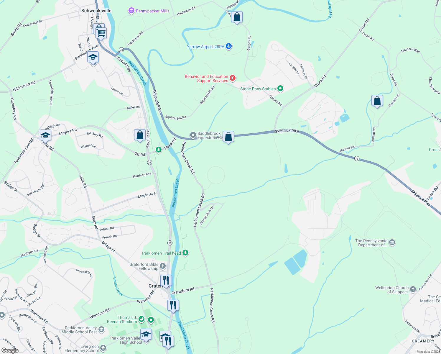 map of restaurants, bars, coffee shops, grocery stores, and more near 4805 Rainbow Ridge Circle in Schwenksville
