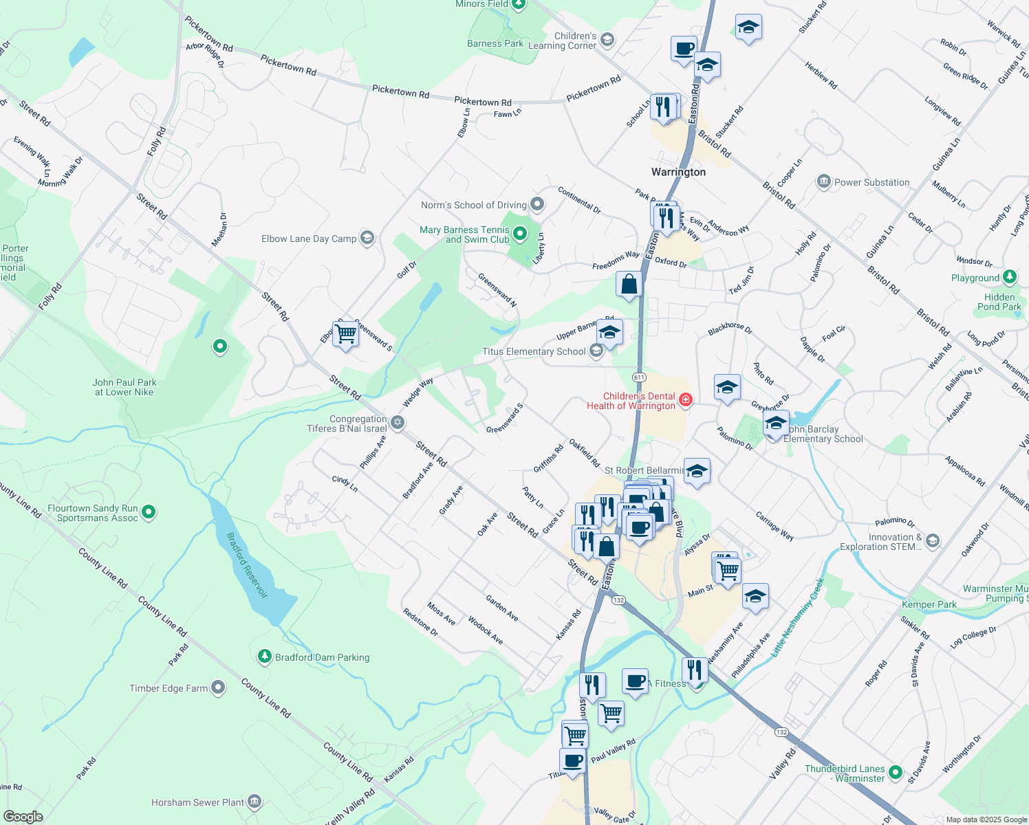 map of restaurants, bars, coffee shops, grocery stores, and more near 2355 Greensward South in Warrington