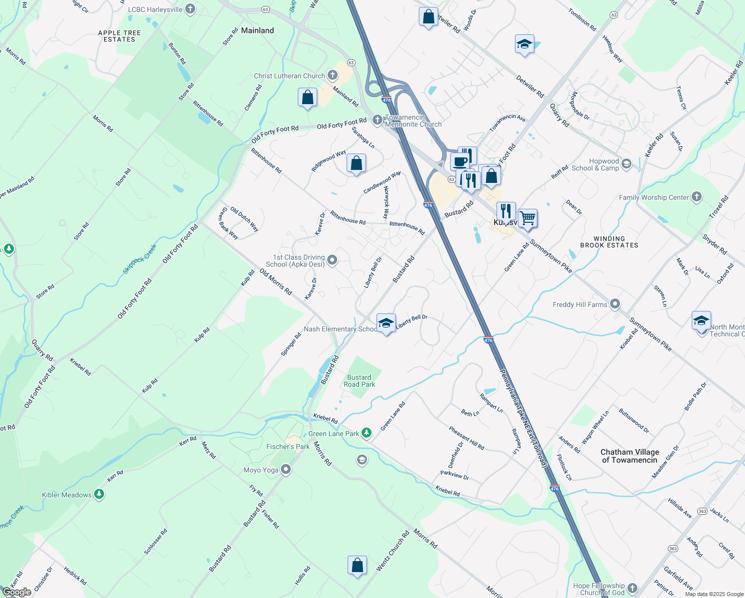 map of restaurants, bars, coffee shops, grocery stores, and more near 504 Independence Drive in Harleysville