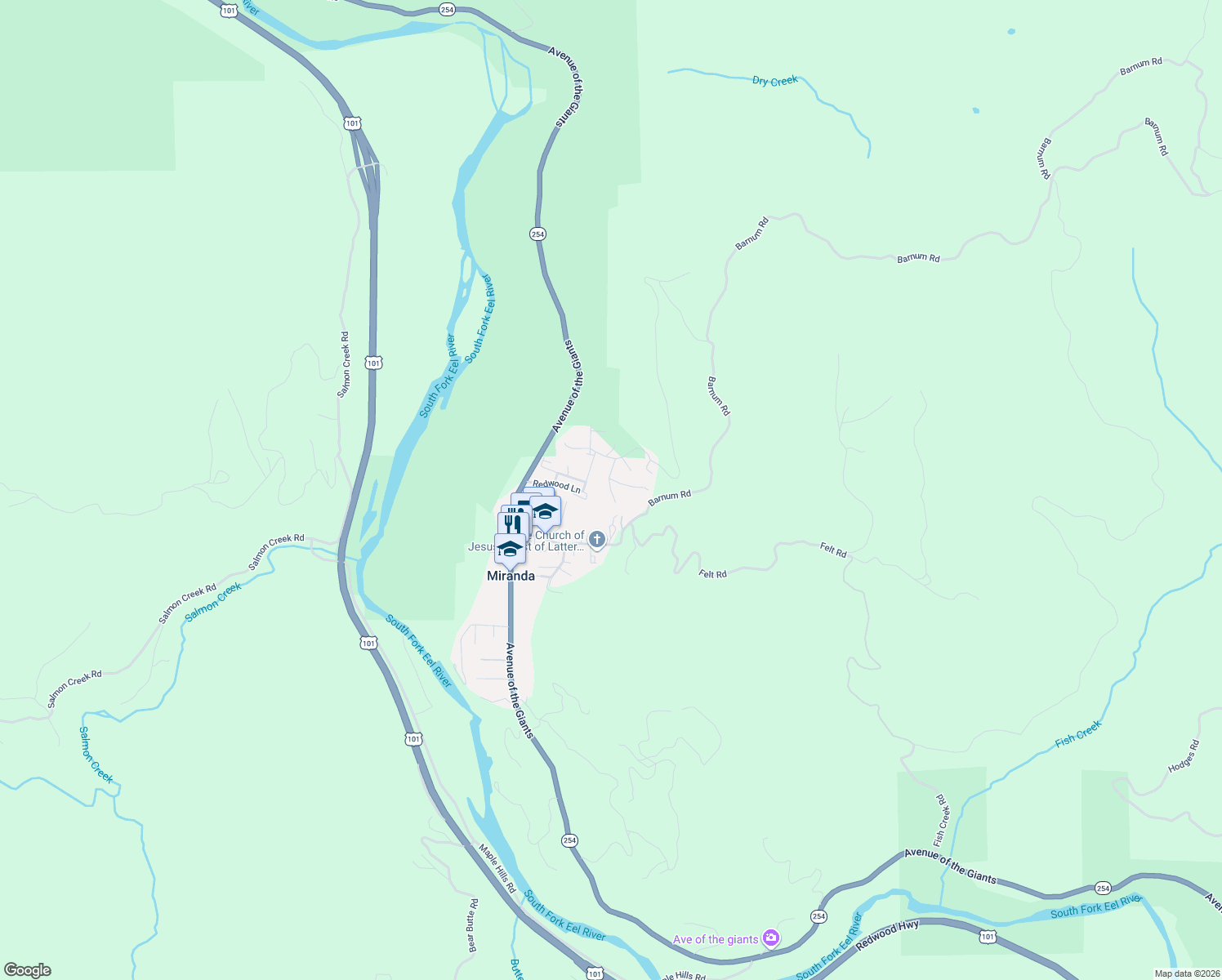 map of restaurants, bars, coffee shops, grocery stores, and more near Acacia Ln in Myers Flat
