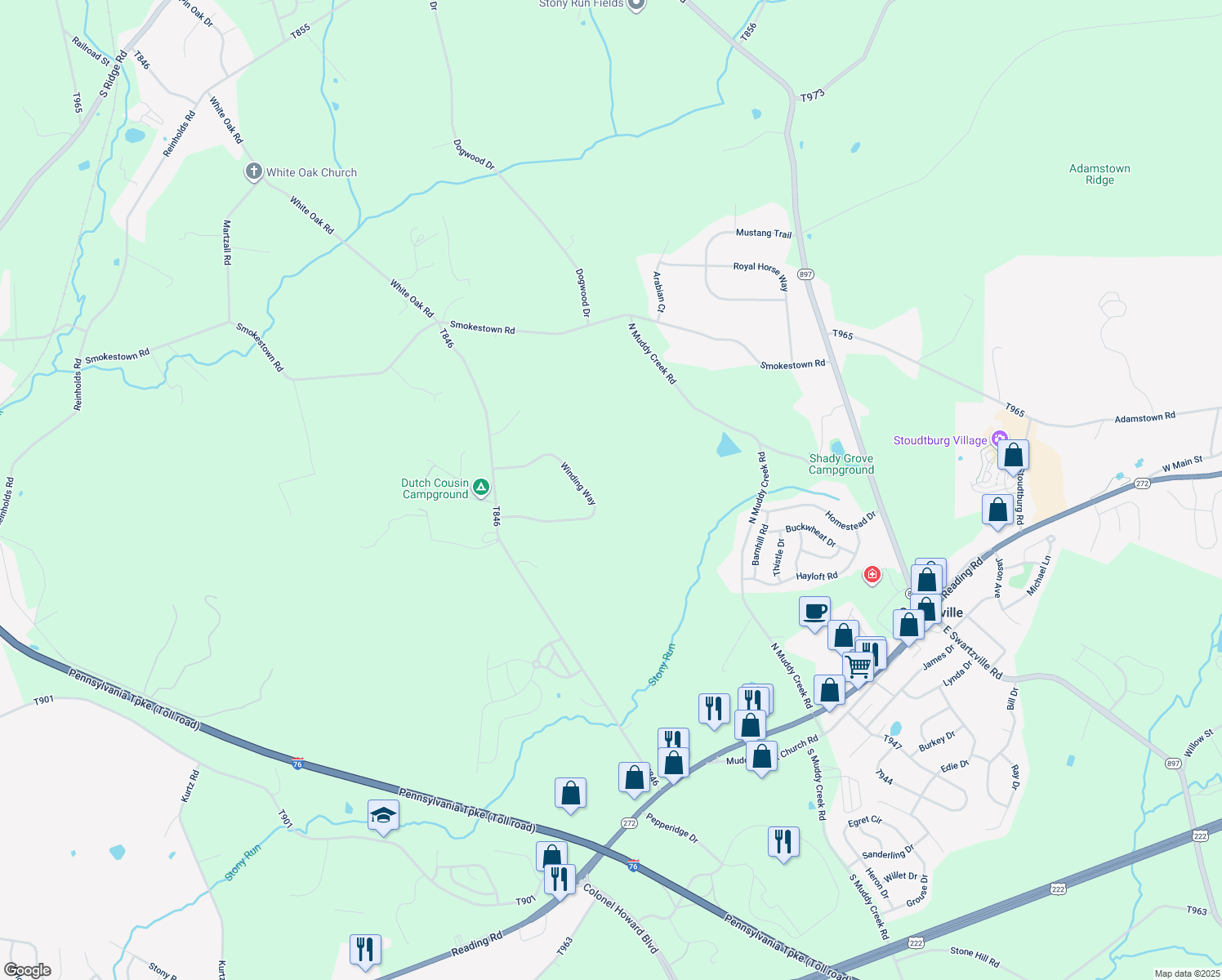 map of restaurants, bars, coffee shops, grocery stores, and more near 17 Winding Way in Denver