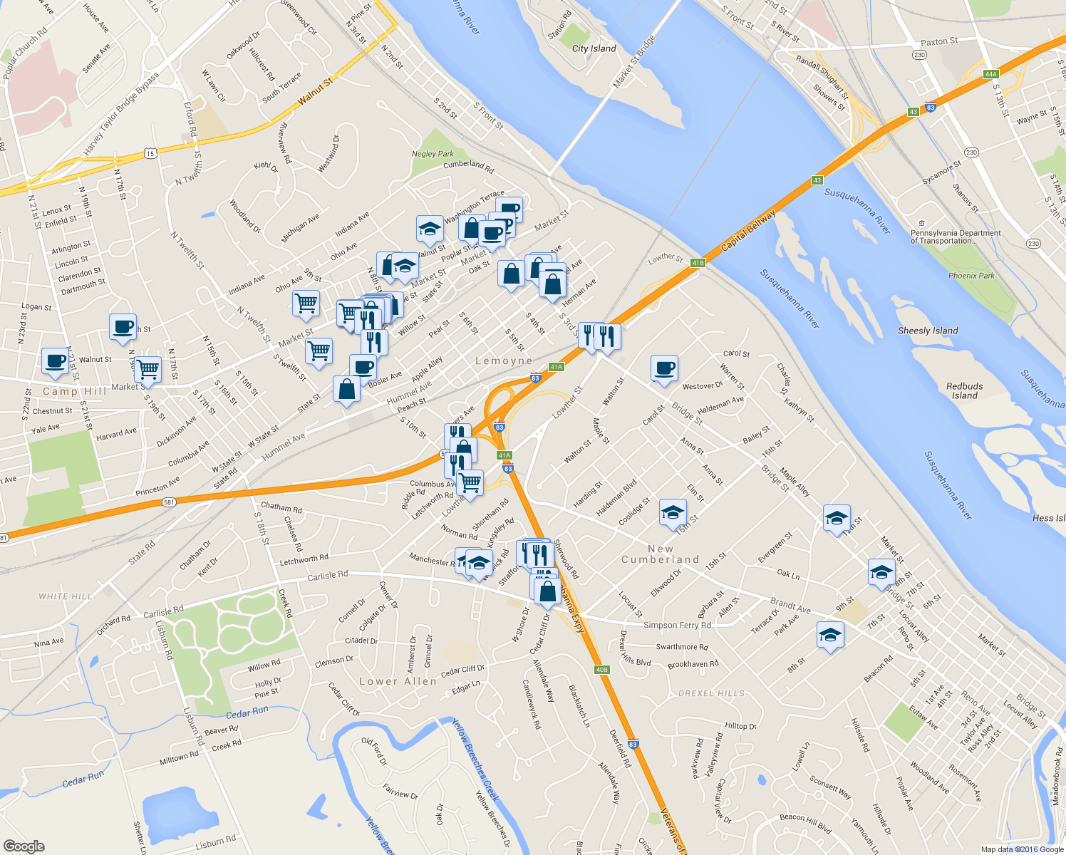 map of restaurants, bars, coffee shops, grocery stores, and more near 631 Lowther Street in Lemoyne