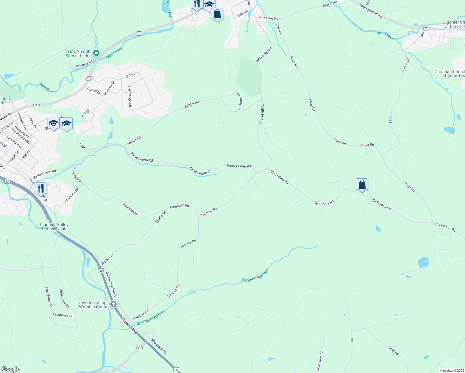 map of restaurants, bars, coffee shops, grocery stores, and more near 373 Thomas Road in Ligonier