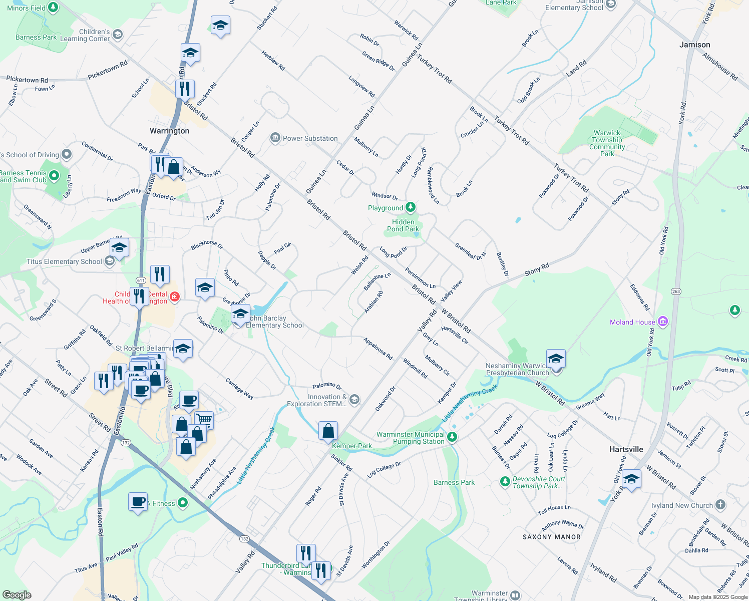 map of restaurants, bars, coffee shops, grocery stores, and more near 1124 Arabian Road in Warrington