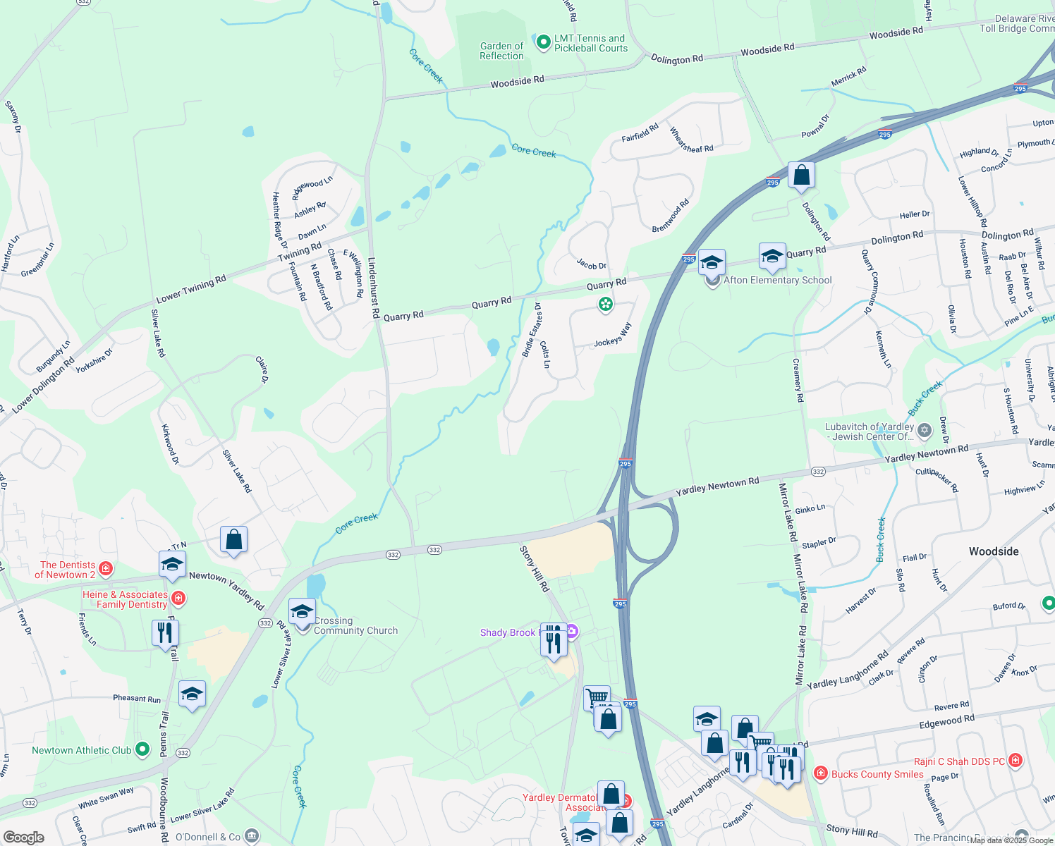 map of restaurants, bars, coffee shops, grocery stores, and more near 1229 Bridle Estates Drive in Yardley