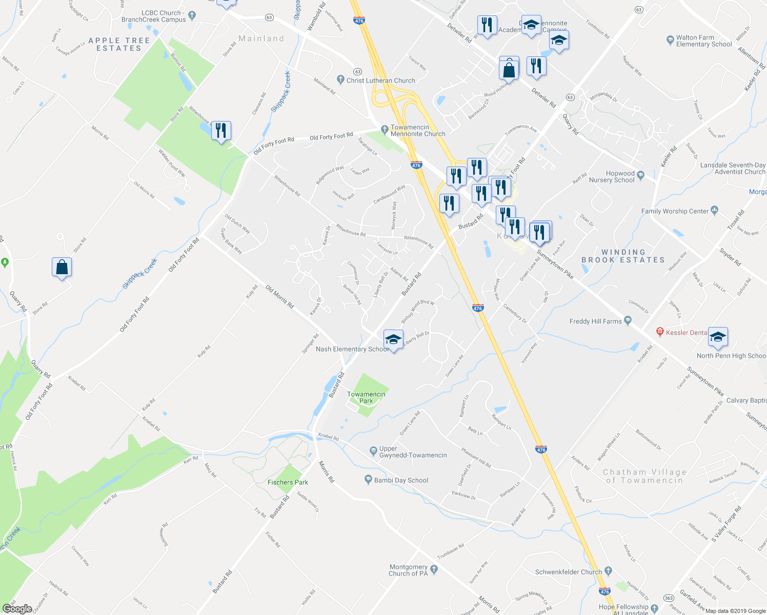 map of restaurants, bars, coffee shops, grocery stores, and more near 806 Independence Drive in Harleysville