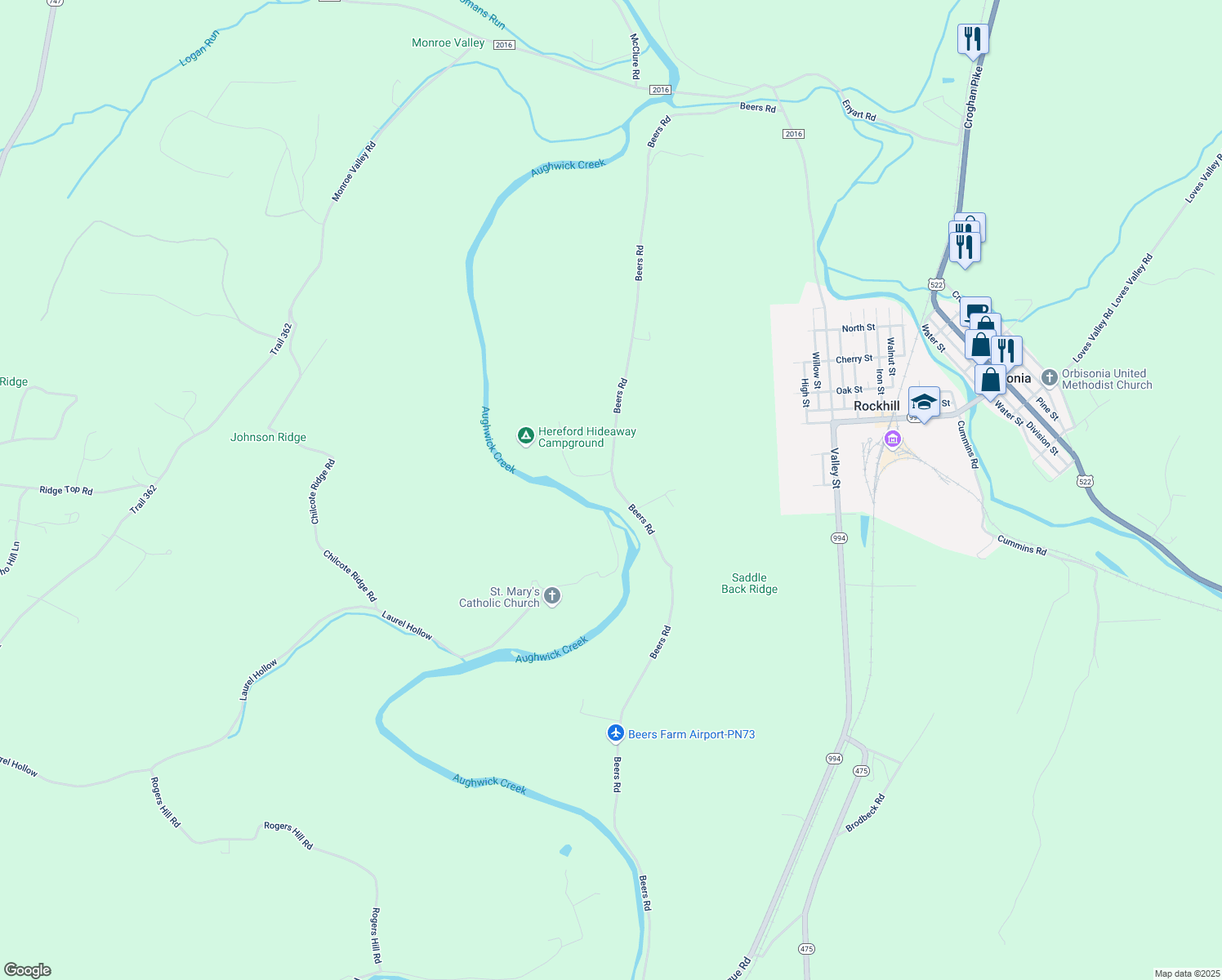 map of restaurants, bars, coffee shops, grocery stores, and more near Beers Road in Shirleysburg