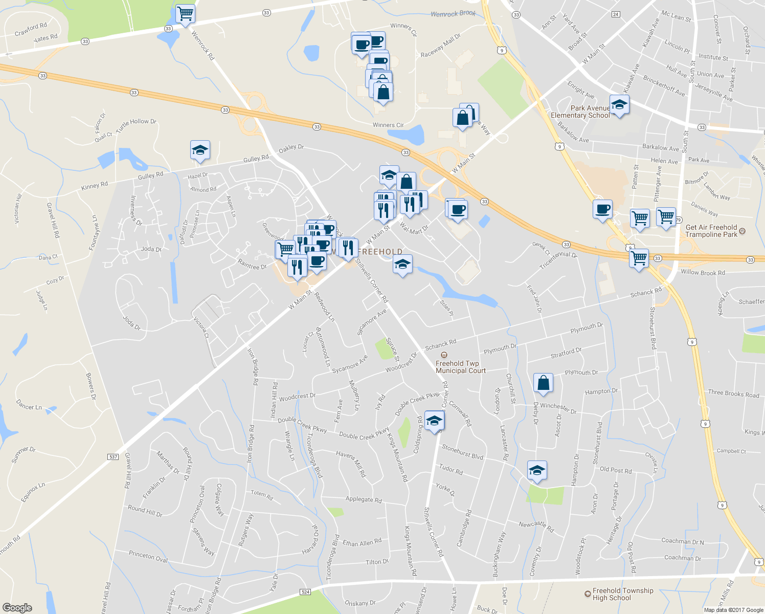 map of restaurants, bars, coffee shops, grocery stores, and more near 1 Sycamore Avenue in Freehold