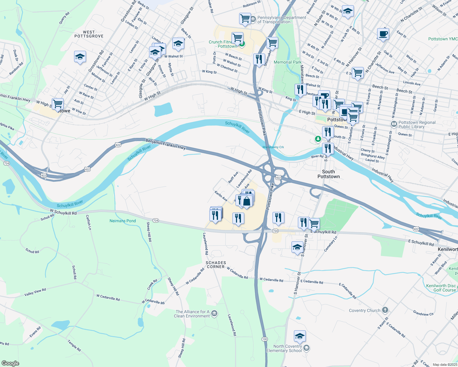 map of restaurants, bars, coffee shops, grocery stores, and more near Reiff Avenue in Pottstown