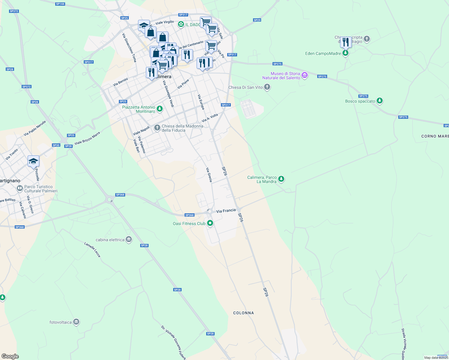 map of restaurants, bars, coffee shops, grocery stores, and more near 32 Via Spagna in Provincia di Lecce
