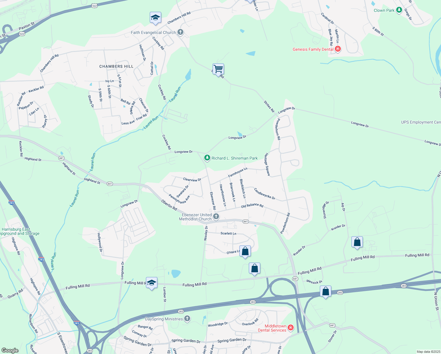 map of restaurants, bars, coffee shops, grocery stores, and more near 1525 Farmhouse Lane in Middletown