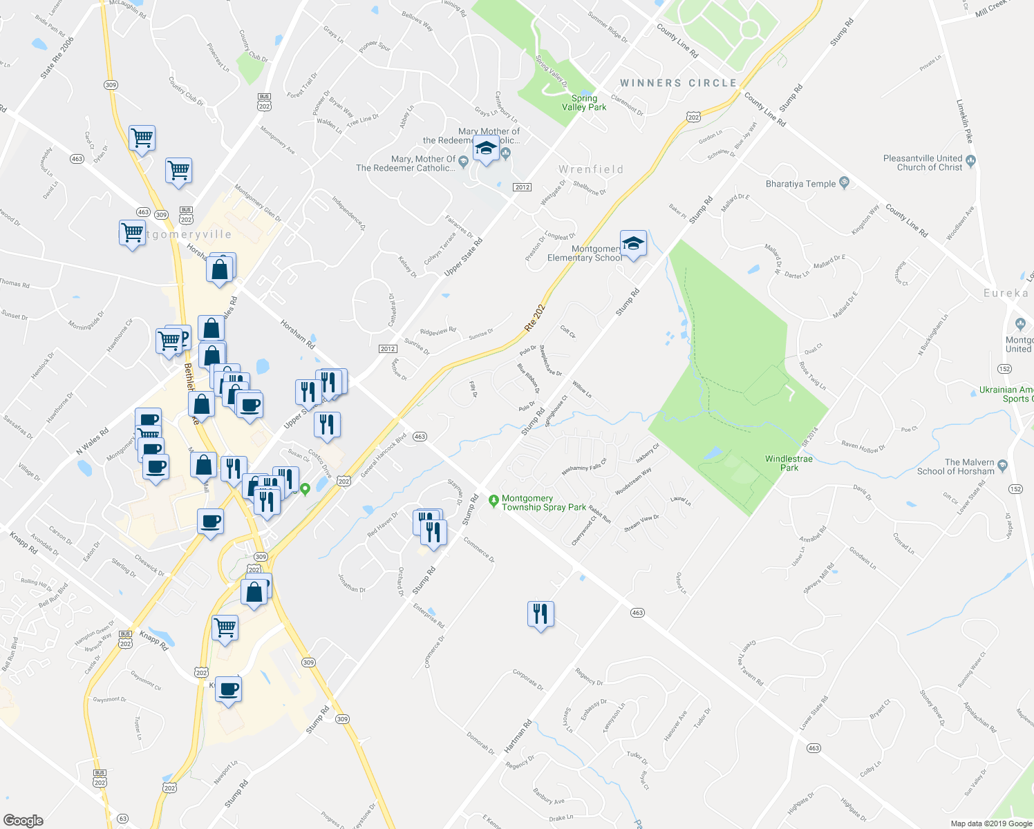 map of restaurants, bars, coffee shops, grocery stores, and more near 123 Polo Drive in North Wales