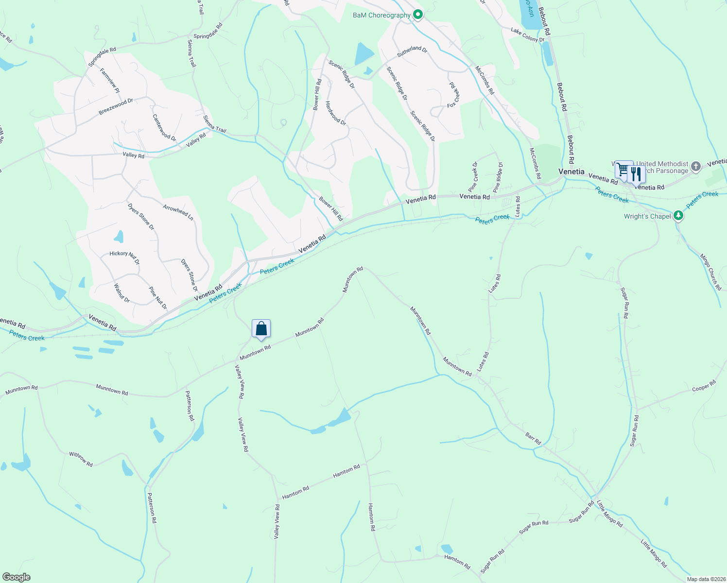 map of restaurants, bars, coffee shops, grocery stores, and more near 42 Dovercrest Road in Eighty Four