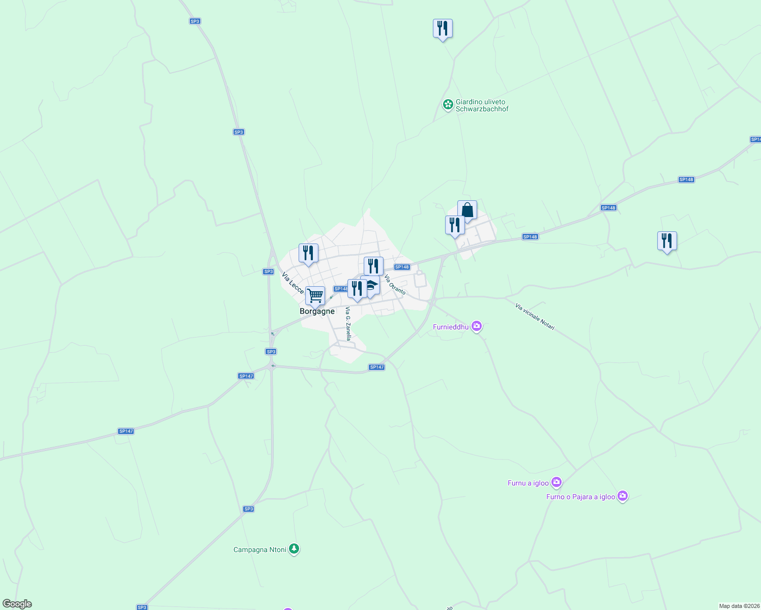 map of restaurants, bars, coffee shops, grocery stores, and more near 59 Via Edmondo de Amicis in Borgagne