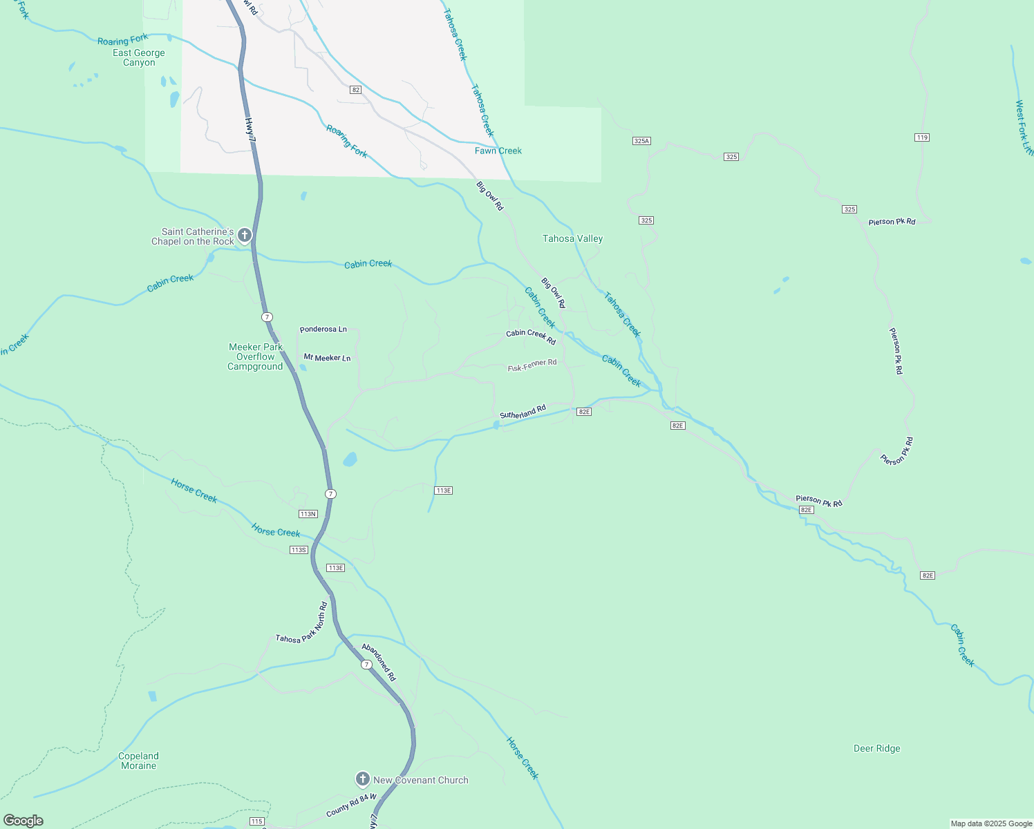map of restaurants, bars, coffee shops, grocery stores, and more near 165 Sutherland Road in Allenspark