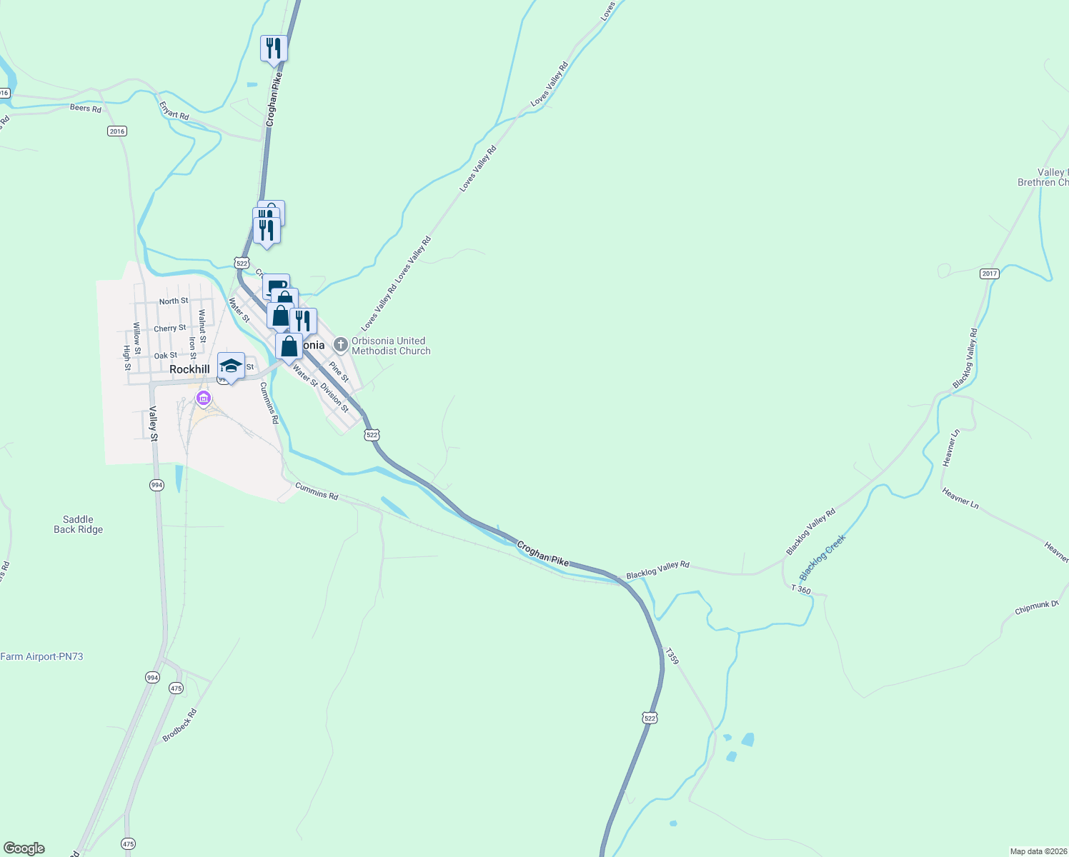 map of restaurants, bars, coffee shops, grocery stores, and more near Shepherd Road in Orbisonia