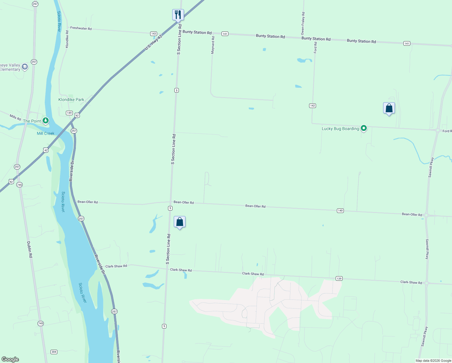 map of restaurants, bars, coffee shops, grocery stores, and more near 4270 Bean-Oller Road in Delaware